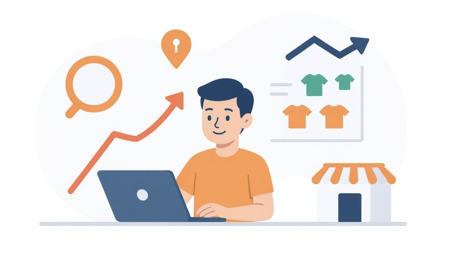 Osoba przy laptopie analizuje pozycjonowanie ofert Allegro z ikonami koszyka, lupy i strzałek rankingowych