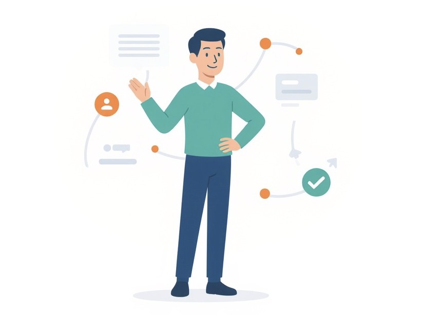 Flat design illustration, clean white background, professional SEO-agency style, harmonious colors (#0470b2 as main, orange and green accents). A cheerful person standing dynamically, gesturing toward floating website pages, search magnifying glass icons, and network lines representing search engines. All elements fill most of the canvas, visually balanced, prominent, modern, minimalistic, no text labels.