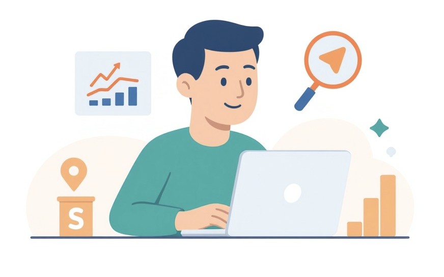 Osoba przy laptopie tworzy kampanię Google Ads z ikonami wykresów, reklam i strzałek wzrostu