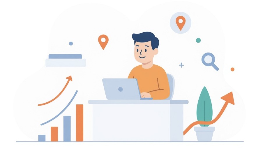 Osoba przy laptopie optymalizuje stronę hotelu pod SEO z ikonami budynku, łóżka i lokalizacji