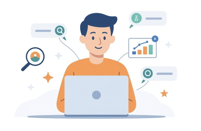 Osoba przy laptopie analizuje frazy long tail SEO z ikonami wyszukiwania i wykresami