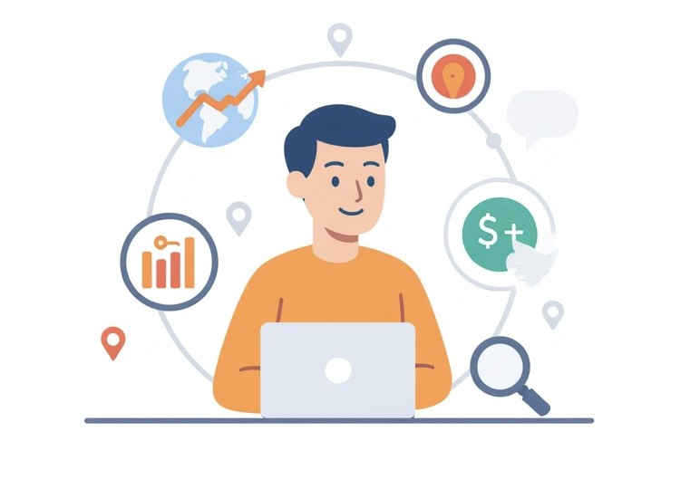 Osoba przy laptopie analizuje międzynarodowe pozycjonowanie SEO z globusem, flagami krajów i ikonami wyszukiwania