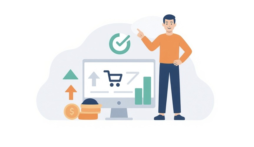 Osoba wskazuje na wykresy i ikony sprzedaży przedstawiające kluczowe wskaźniki sprzedaży