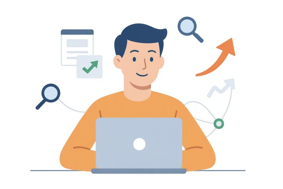 Osoba przy laptopie analizuje wpływ SEO na widoczność stron internetowych z ikonami wyszukiwania, stron i strzałkami wzrostu