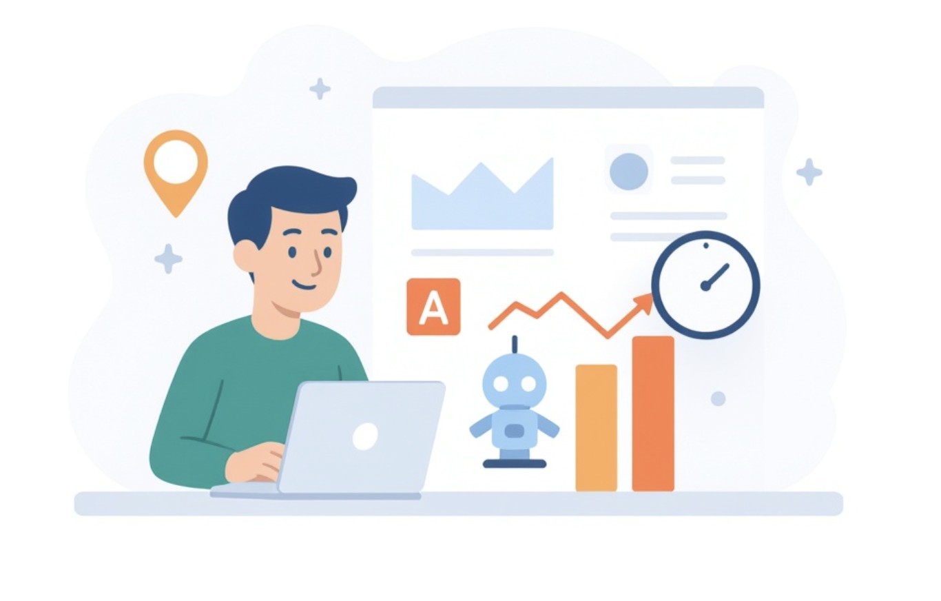 webiteo, flat design illustration, clean white background, professional SEO-agency style, harmonious colors (#0470b2 as main, orange and green accents). A professional person with dark blue hair stands next to a large dashboard showing crawl budget analytics with graphs and charts. Around the screen are icons of robots, pages, and clocks, symbolizing efficient crawl budget management in SEO.