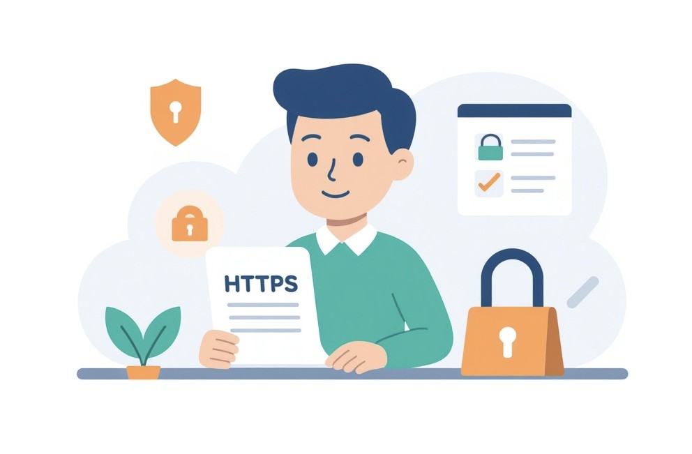 Specjalista SEO analizuje HTTPS na stronie internetowej.